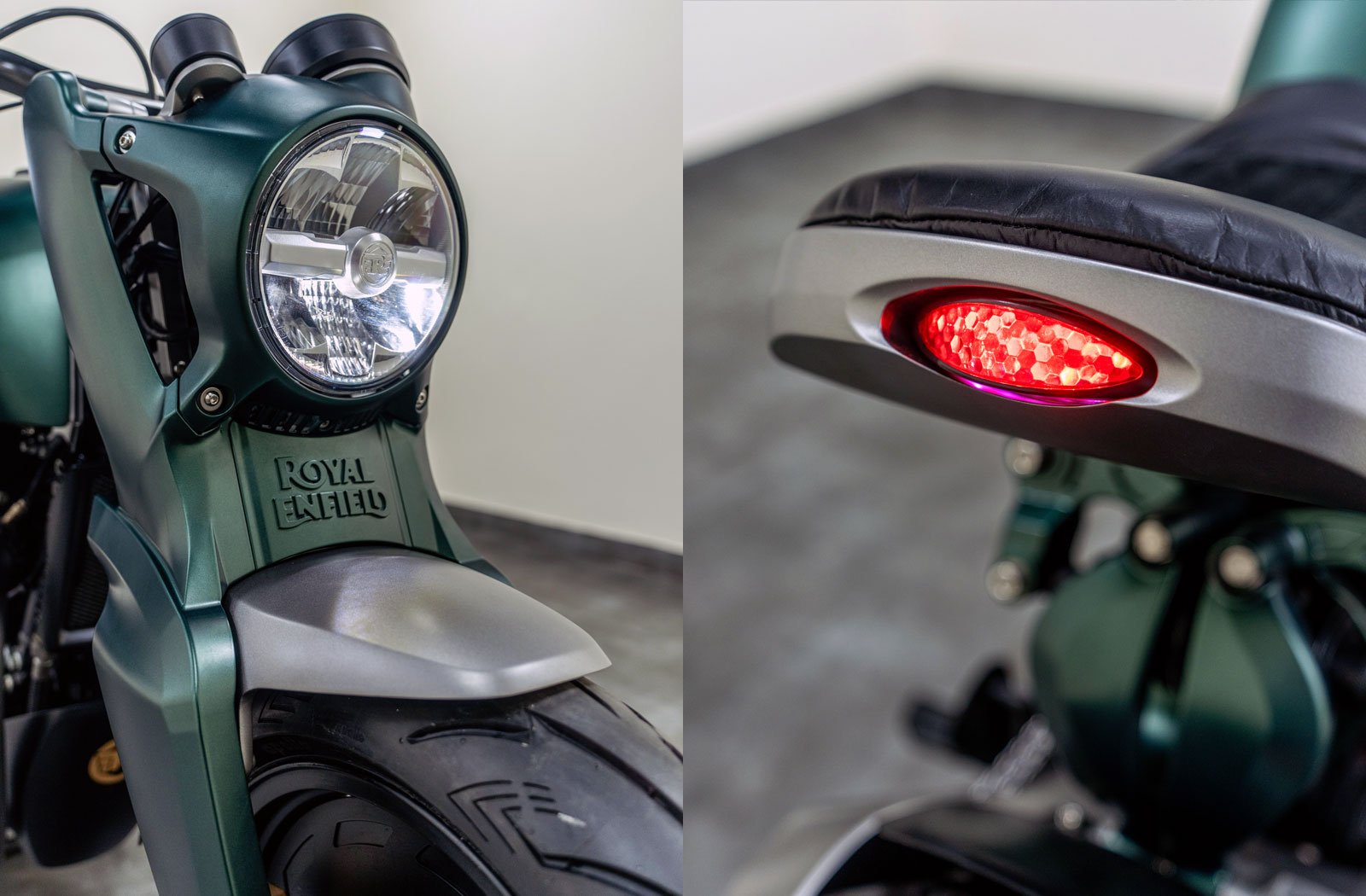 detail photographs of TNT Motorcycles custom Royal Enfield Shotgun 650 motorcycle headlight and tail light