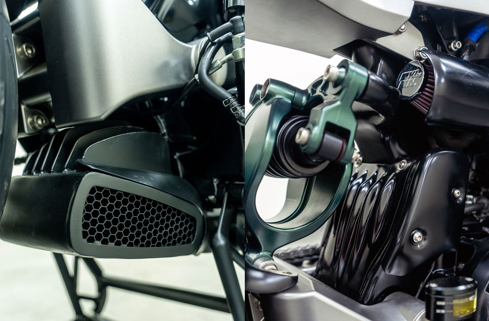 two detail photographs of a custom Royal Enfield Shotgun 650 motorcycle exhaust system and suspension components