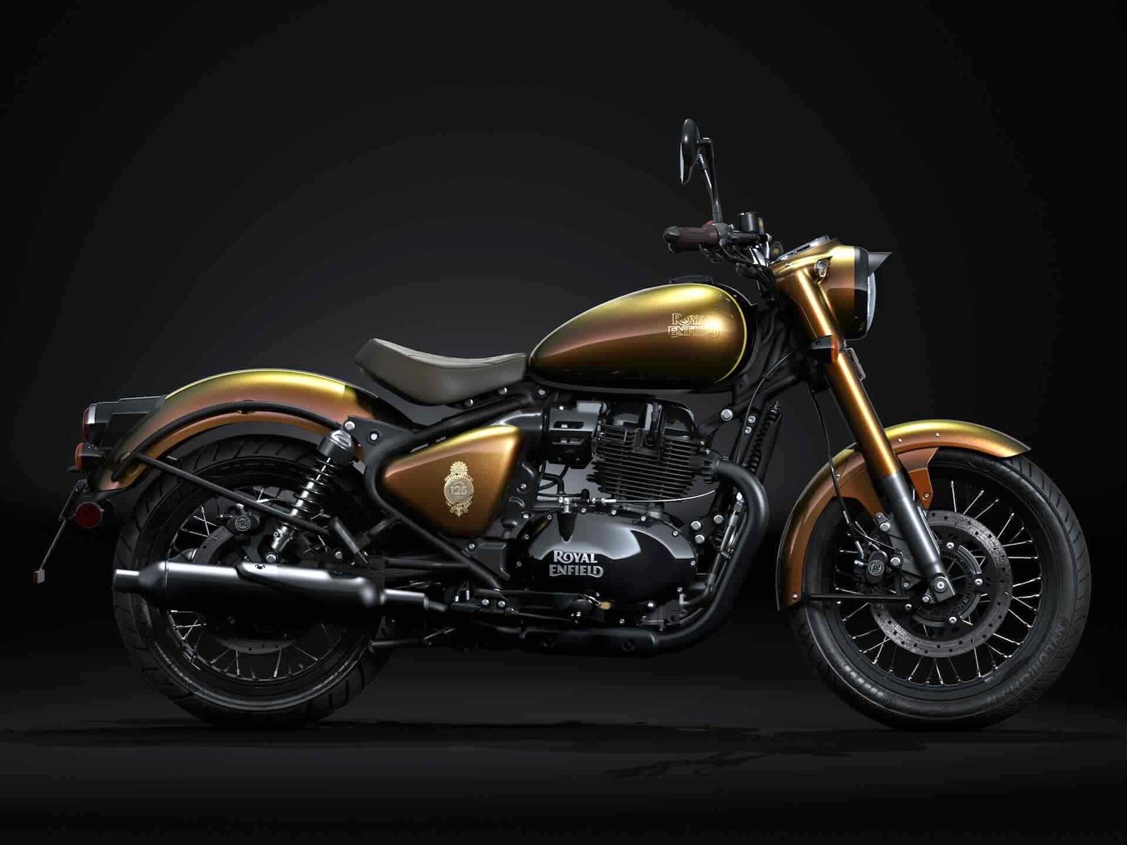 A view of the special edition Bullet 650 that Royal Enfield presented in celebration of 125 years of motorcycling.  media sourced from Royal Enfield. 